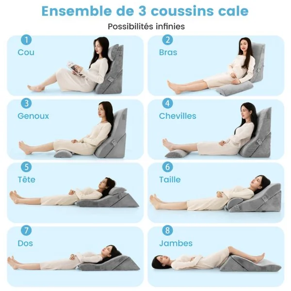 Lot de 3 Coussins de Lecture en Éponge Haute Densité avec Appuie-tête Amovible Oreiller Compensé avec Housse Amovible Gris