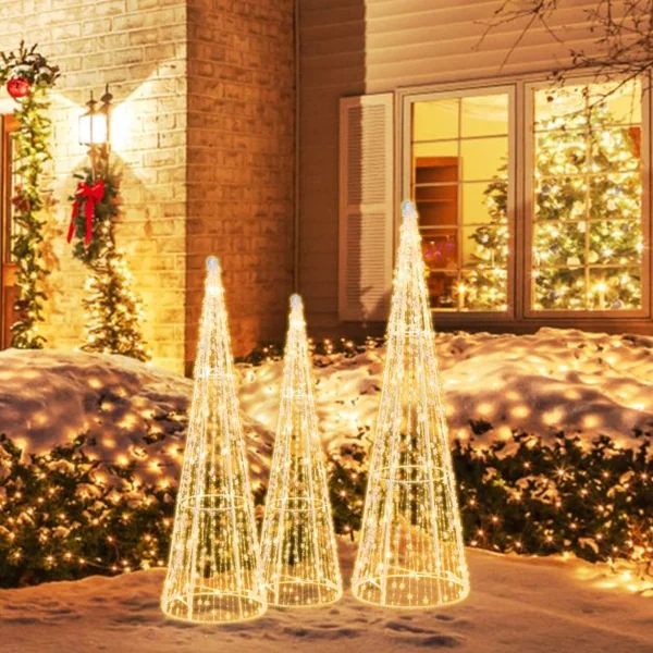 Lot de 3 Cônes de Noël Pré-éclairés avec 90 Lumières LED Blanc Chaud Ensemble d'Arbres Coniques de Noël Cordes Étoilées Décorations de Noël