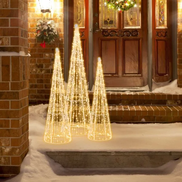 Lot de 3 Cônes de Noël Pré-éclairés avec 90 Lumières LED Blanc Chaud Ensemble d'Arbres Coniques de Noël Cordes Étoilées Décorations de Noël