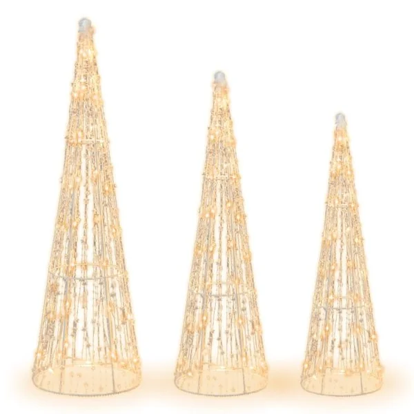 Lot de 3 Cônes de Noël Pré-éclairés avec 90 Lumières LED Blanc Chaud Ensemble d'Arbres Coniques de Noël Cordes Étoilées Décorations de Noël