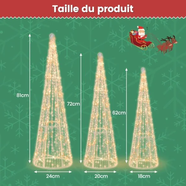 Lot de 3 Cônes de Noël Pré-éclairés avec 90 Lumières LED Blanc Chaud Ensemble d'Arbres Coniques de Noël Cordes Étoilées Décorations de Noël