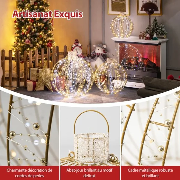 Lot de 3 Déco Boules LED de Noël avec 180 Lumière Chaude et 180 Blanche pour Arbre Pelouse Jardin Décoration de Noël Or