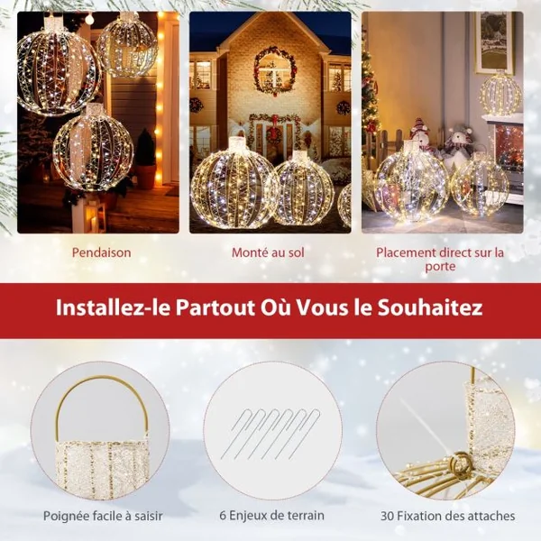 Lot de 3 Déco Boules LED de Noël avec 180 Lumière Chaude et 180 Blanche pour Arbre Pelouse Jardin Décoration de Noël Or