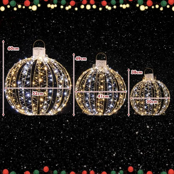Lot de 3 Déco Boules LED de Noël avec 180 Lumière Chaude et 180 Blanche pour Arbre Pelouse Jardin Décoration de Noël Or