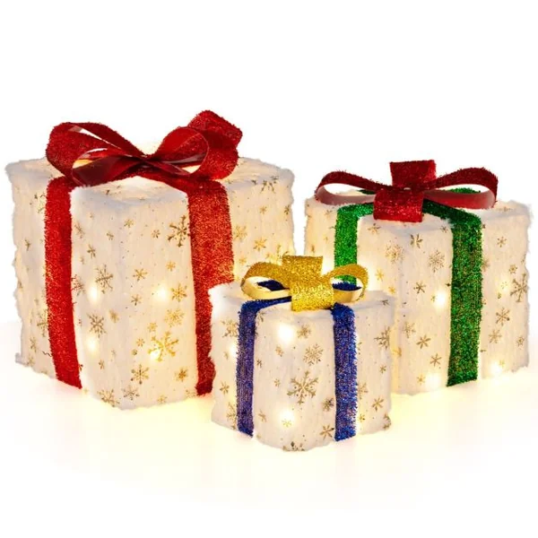 Lot de 3 Paquets Cadeaux Lumineux de Noël Décoration de Noël Pré-Éclairée 48 Lumières Chaudes et Lumineuses Boîtes Cadeaux avec Nœuds