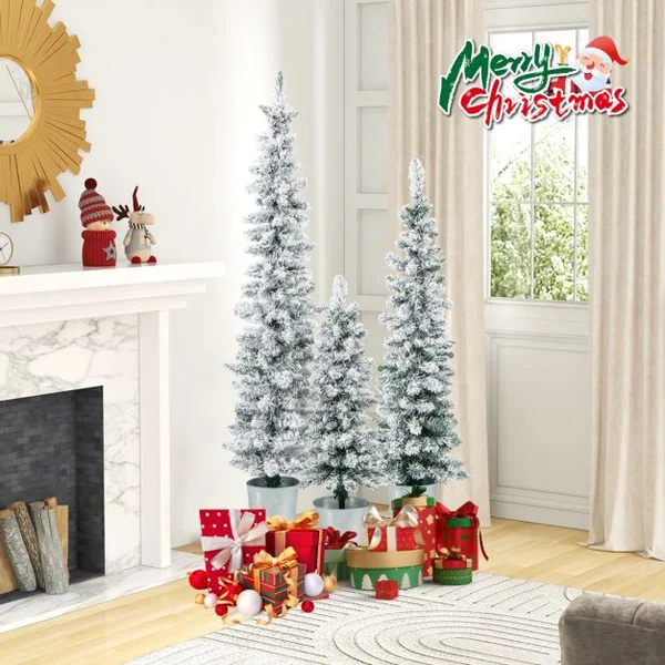 Lot de 3 Sapins de Noël Artificiels 90/120/150 CM avec 120/140/160 Branches Enneigées en PVC Bases Métalliques avec Ciment