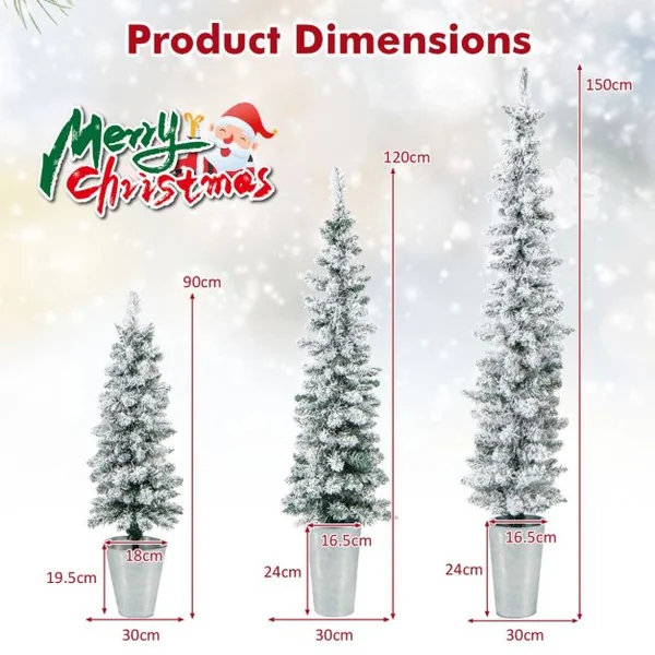 Lot de 3 Sapins de Noël Artificiels 90/120/150 CM avec 120/140/160 Branches Enneigées en PVC Bases Métalliques avec Ciment