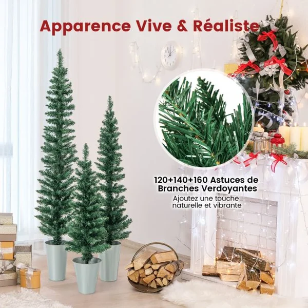 Lot de 3 Sapins de Noël Artificiels 90/120/150 CM avec 120/140/160 Pointes de Branches en PVC, Bases Métalliques avec Ciment