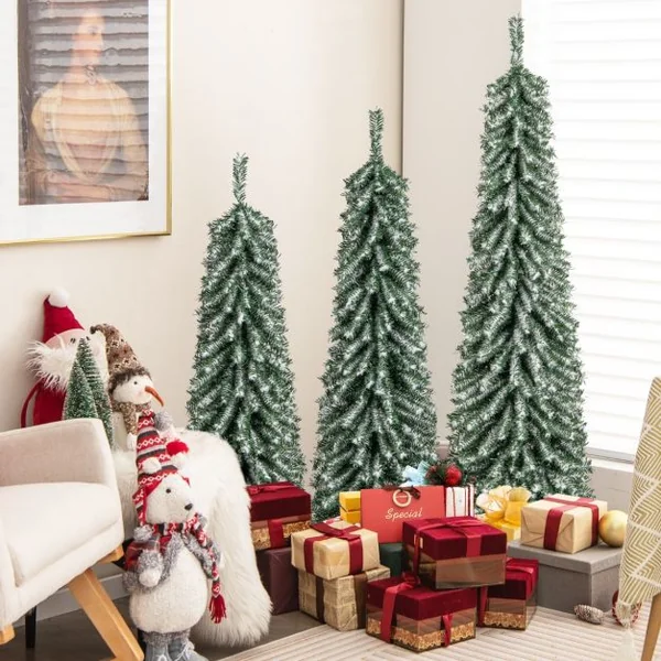 Lot de 3 Sapins de Noël Artificiels de 120+150+180 cm Sapins de Noël en Forme de Crayon 216+302+505 Branches 100+120+180 Lumières LED