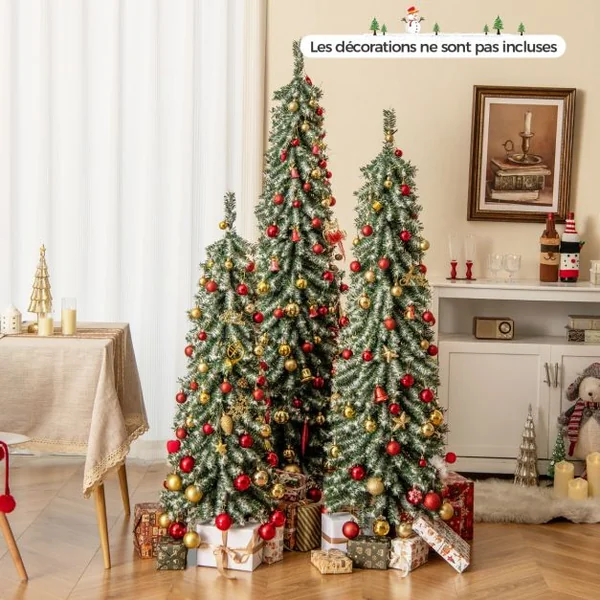 Lot de 3 Sapins de Noël Artificiels de 120+150+180 cm Sapins de Noël en Forme de Crayon 216+302+505 Branches 100+120+180 Lumières LED