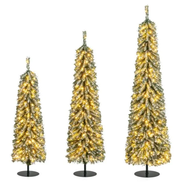 Lot de 3 Sapins de Noël Artificiels de 120+150+180 cm Sapins de Noël en Forme de Crayon 216+302+505 Branches 100+120+180 Lumières LED