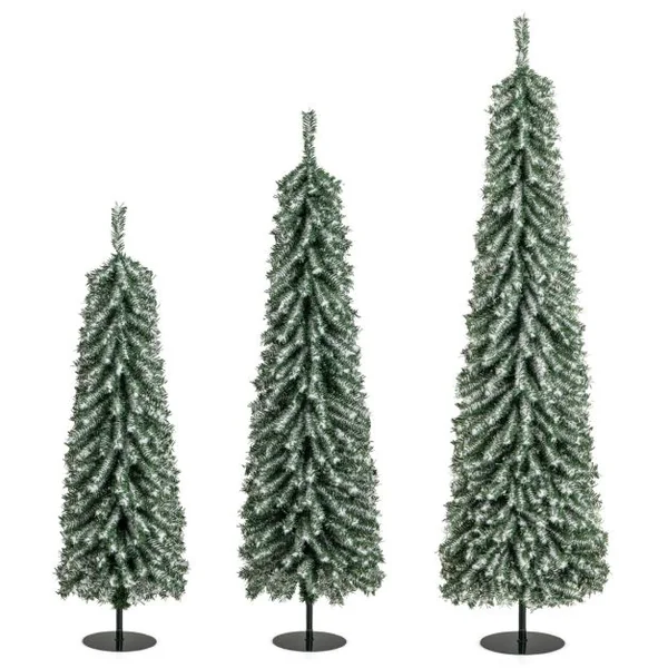 Lot de 3 Sapins de Noël Artificiels de 120+150+180 cm Sapins de Noël en Forme de Crayon 216+302+505 Branches 100+120+180 Lumières LED