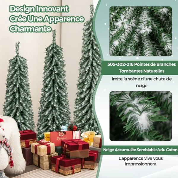 Lot de 3 Sapins de Noël Artificiels de 120+150+180 cm Sapins de Noël en Forme de Crayon 216+302+505 Branches 100+120+180 Lumières LED