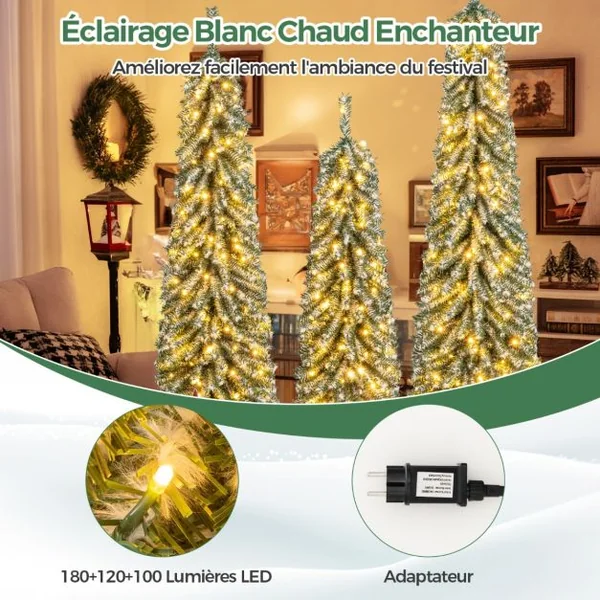 Lot de 3 Sapins de Noël Artificiels de 120+150+180 cm Sapins de Noël en Forme de Crayon 216+302+505 Branches 100+120+180 Lumières LED