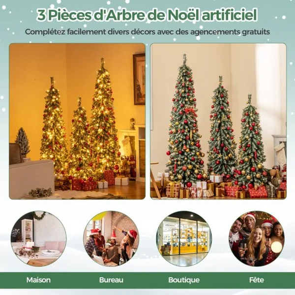 Lot de 3 Sapins de Noël Artificiels de 120+150+180 cm Sapins de Noël en Forme de Crayon 216+302+505 Branches 100+120+180 Lumières LED