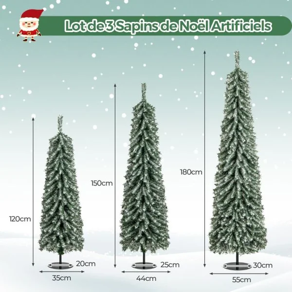 Lot de 3 Sapins de Noël Artificiels de 120+150+180 cm Sapins de Noël en Forme de Crayon 216+302+505 Branches 100+120+180 Lumières LED