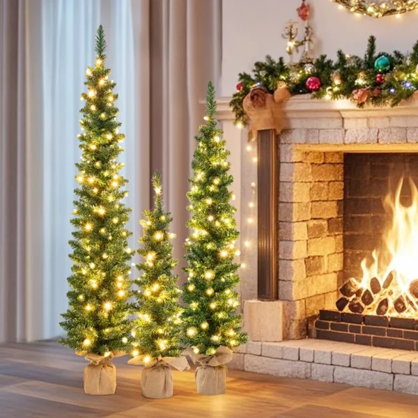 Lot de 3 Sapins de Noël Artificiels Pré-éclairés de 90+120+150 cm Sapin de Noël Fin 415 Branches Vertes 230 Lumières LED Blanc Chaud