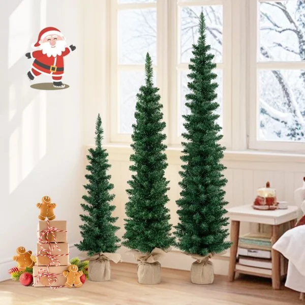 Lot de 3 Sapins de Noël Artificiels Pré-éclairés de 90+120+150 cm Sapin de Noël Fin 415 Branches Vertes 230 Lumières LED Blanc Chaud