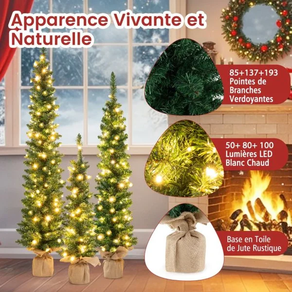 Lot de 3 Sapins de Noël Artificiels Pré-éclairés de 90+120+150 cm Sapin de Noël Fin 415 Branches Vertes 230 Lumières LED Blanc Chaud