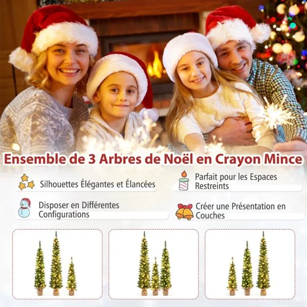 Lot de 3 Sapins de Noël Artificiels Pré-éclairés de 90+120+150 cm Sapin de Noël Fin 415 Branches Vertes 230 Lumières LED Blanc Chaud