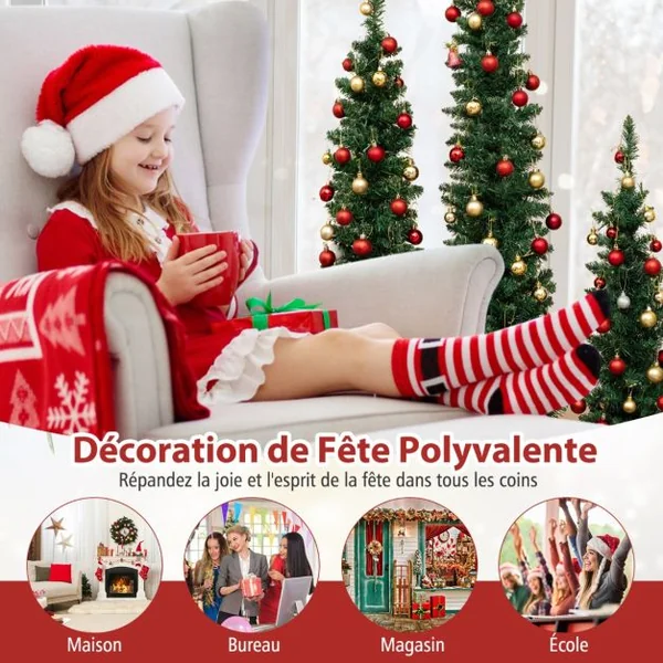 Lot de 3 Sapins de Noël Artificiels Pré-éclairés de 90+120+150 cm Sapin de Noël Fin 415 Branches Vertes 230 Lumières LED Blanc Chaud