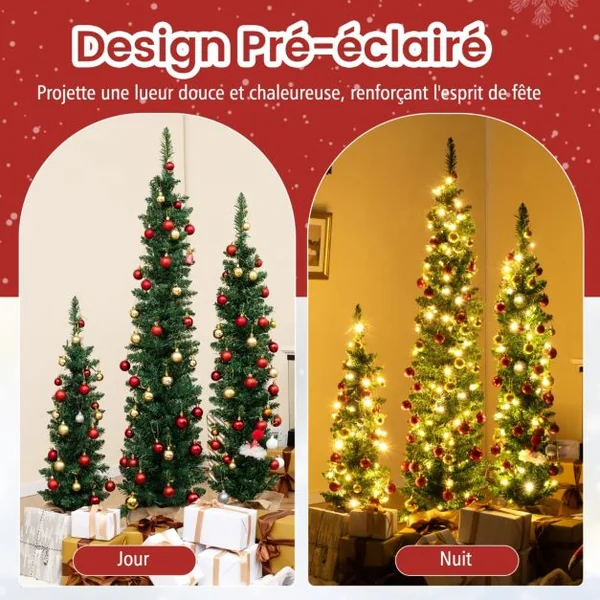 Lot de 3 Sapins de Noël Artificiels Pré-éclairés de 90+120+150 cm Sapin de Noël Fin 415 Branches Vertes 230 Lumières LED Blanc Chaud