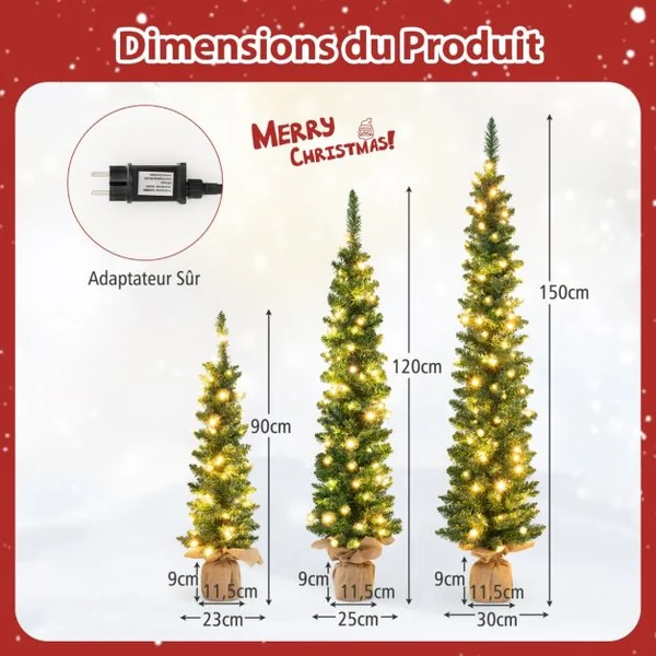Lot de 3 Sapins de Noël Artificiels Pré-éclairés de 90+120+150 cm Sapin de Noël Fin 415 Branches Vertes 230 Lumières LED Blanc Chaud