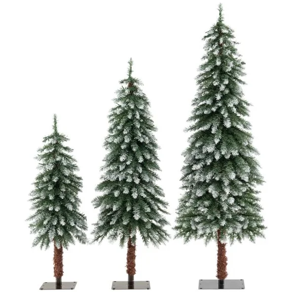Lot de 3 Sapins de Noël Srtificiels de 90 cm/120 cm/150 cm Sapin de Noël Enneigé avec 129/231/369 Branches en PVC et 50/100/150 Lumières LED Blanc Chaud