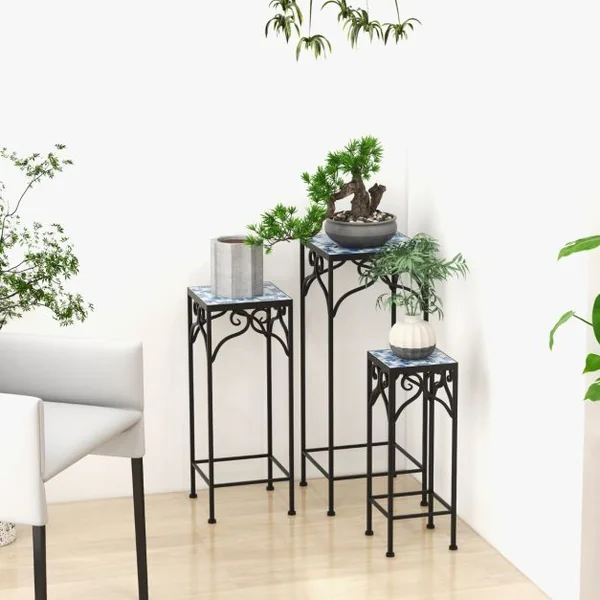 Lot de 3 Supports Pots de Fleurs Plateau en Céramique à Motifs Mosaïque Patin Antidérapant Porte Plante en Métal Bleu