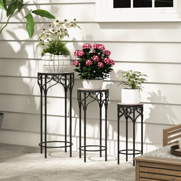 Lot de 3 Supports Pots de Fleurs Plateau en Céramique à Motifs Mosaïque Support à Plante en Métal Patin Antidérapant