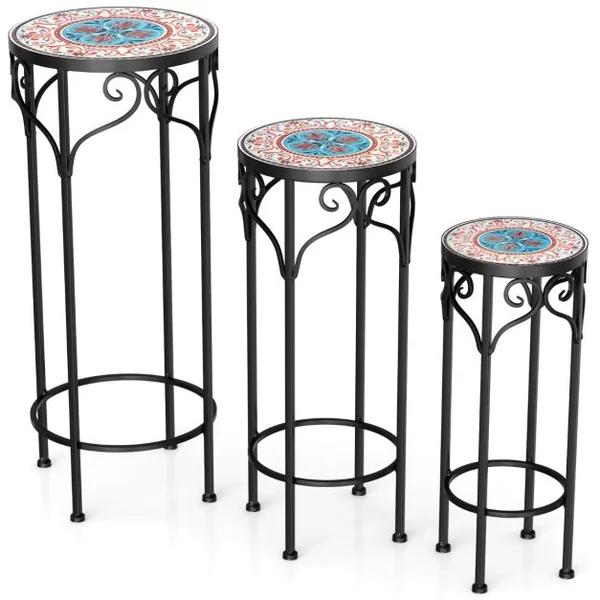 Lot de 3 Supports Pots de Fleurs Plateau en Céramique à Motifs Mosaïque Support à Plante en Métal Patin Antidérapant
