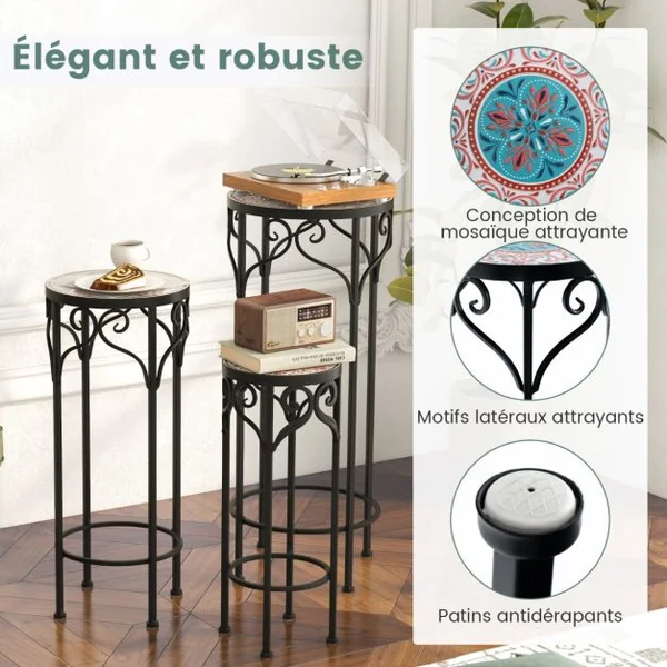Lot de 3 Supports Pots de Fleurs Plateau en Céramique à Motifs Mosaïque Support à Plante en Métal Patin Antidérapant