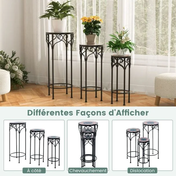 Lot de 3 Supports Pots de Fleurs Plateau en Céramique à Motifs Mosaïque Support à Plante en Métal Patin Antidérapant