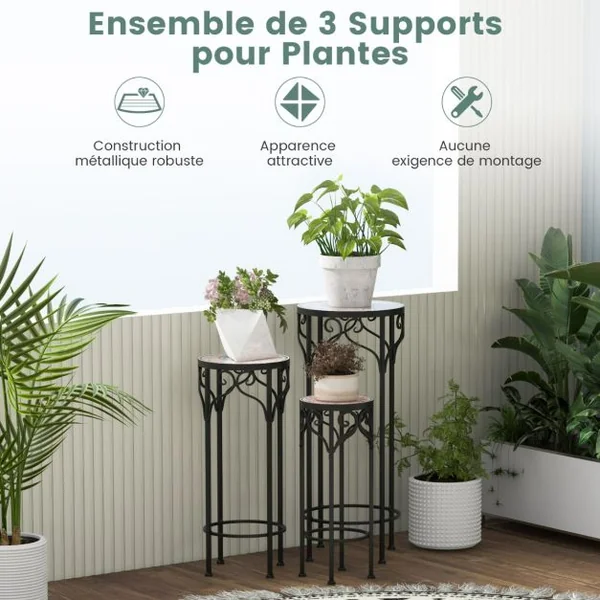 Lot de 3 Supports Pots de Fleurs Plateau en Céramique à Motifs Mosaïque Support à Plante en Métal Patin Antidérapant