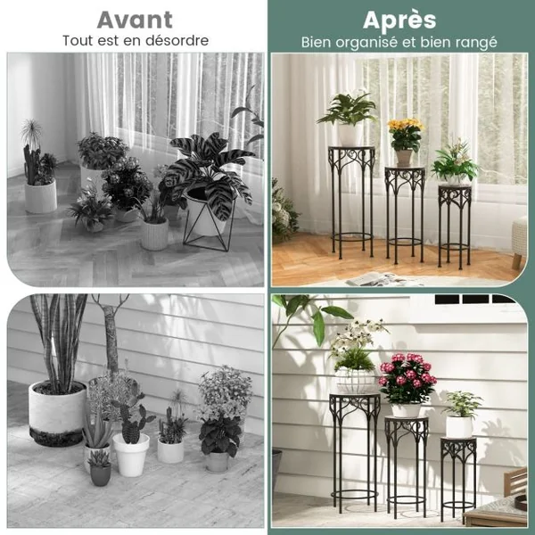 Lot de 3 Supports Pots de Fleurs Plateau en Céramique à Motifs Mosaïque Support à Plante en Métal Patin Antidérapant
