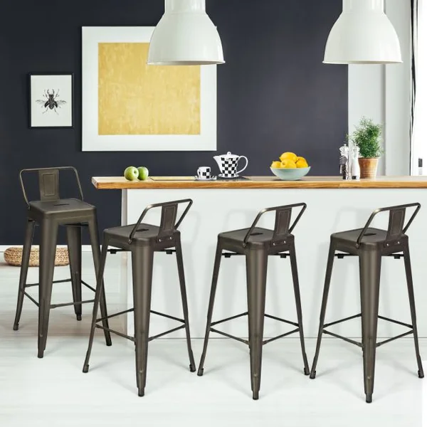 Lot de 4 Chaises de Comptoir Vintage en Métal Chaise de Cuisine Empilables Chaise de Bar avec Dossier Robuste Chaise de Café avec Dossier Noir Mat
