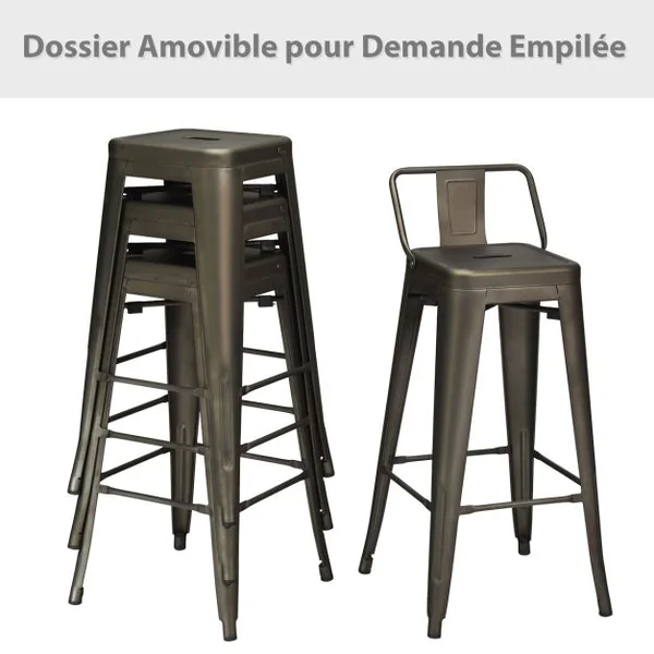 Lot de 4 Chaises de Comptoir Vintage en Métal Chaise de Cuisine Empilables Chaise de Bar avec Dossier Robuste Chaise de Café avec Dossier Noir Mat