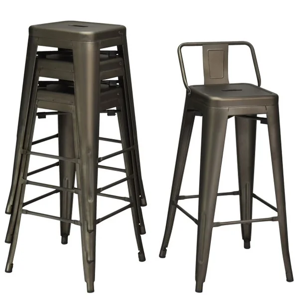 Lot de 4 Chaises de Comptoir Vintage en Métal Chaise de Cuisine Empilables Chaise de Bar avec Dossier Robuste Chaise de Café avec Dossier Noir Mat
