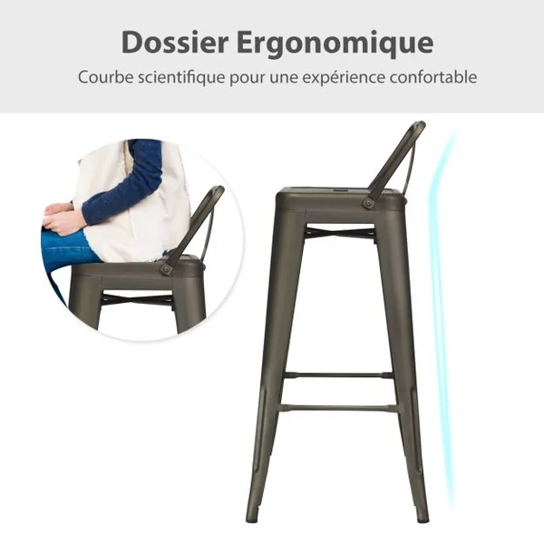 Lot de 4 Chaises de Comptoir Vintage en Métal Chaise de Cuisine Empilables Chaise de Bar avec Dossier Robuste Chaise de Café avec Dossier Noir Mat