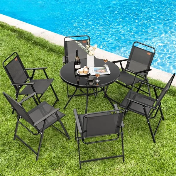 Lot de 4 Chaises de Jardin Pliantes en Textilène avec Accoudoirs en Métal Fauteuil de Jardin avec Pieds Antidérapants Noir