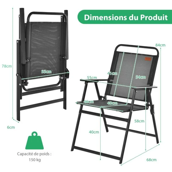 Lot de 4 Chaises de Jardin Pliantes en Textilène avec Accoudoirs en Métal Fauteuil de Jardin avec Pieds Antidérapants Noir