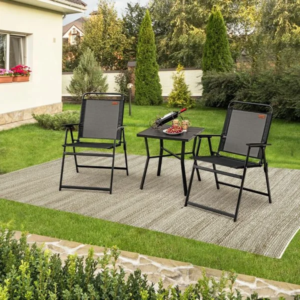 Lot de 4 Chaises de Jardin Pliantes en Textilène avec Accoudoirs en Métal Fauteuil de Jardin avec Pieds Antidérapants Noir