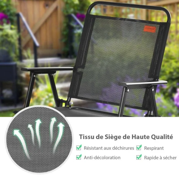 Lot de 4 Chaises de Jardin Pliantes en Textilène avec Accoudoirs en Métal Fauteuil de Jardin avec Pieds Antidérapants Noir