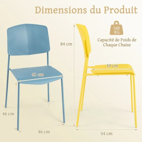 Lot de 4 Chaises de Salle à Manger Chaises d'Appoint Sans Accoudoirs Dossier Ergonomique et Siège Large Empilables Noir