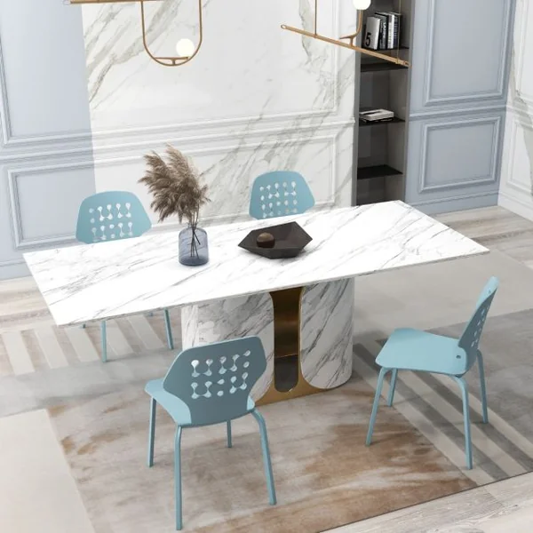 Lot de 4 Chaises de Salle à Manger en Métal Chaise de Cuisine Moderne avec Dossier Creux et Pieds Chaise d'Invité Sans Accoudoirs Blanc/Bleu