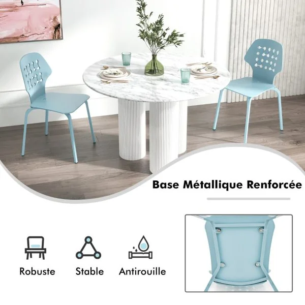 Lot de 4 Chaises de Salle à Manger en Métal Chaise de Cuisine Moderne avec Dossier Creux et Pieds Chaise d'Invité Sans Accoudoirs Blanc/Bleu