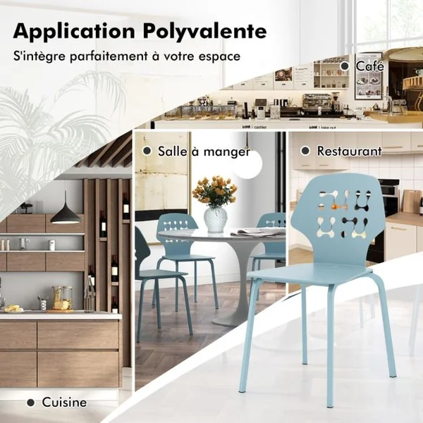 Lot de 4 Chaises de Salle à Manger en Métal Chaise de Cuisine Moderne avec Dossier Creux et Pieds Chaise d'Invité Sans Accoudoirs Blanc/Bleu