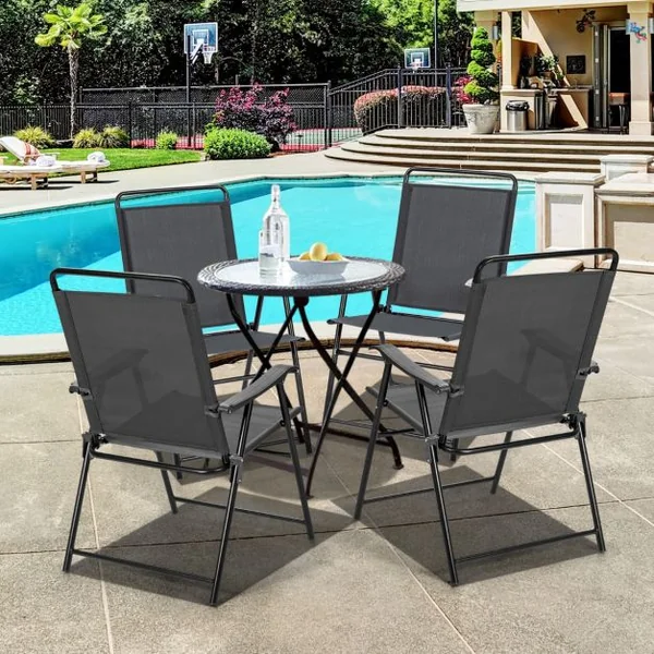 Lot de 4 Chaises Fauteuils de Jardin Pliantes en Textilène Accoudoirs Patins Antidérapants Charge 150KG Gris