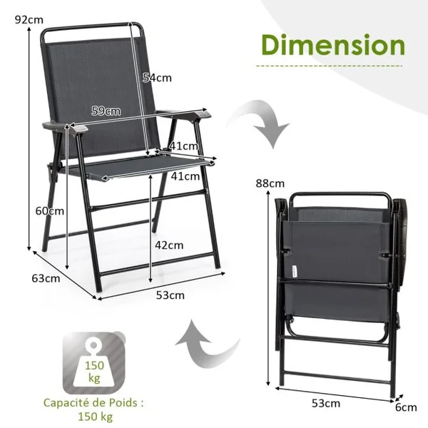 Lot de 4 Chaises Fauteuils de Jardin Pliantes en Textilène Accoudoirs Patins Antidérapants Charge 150KG Gris