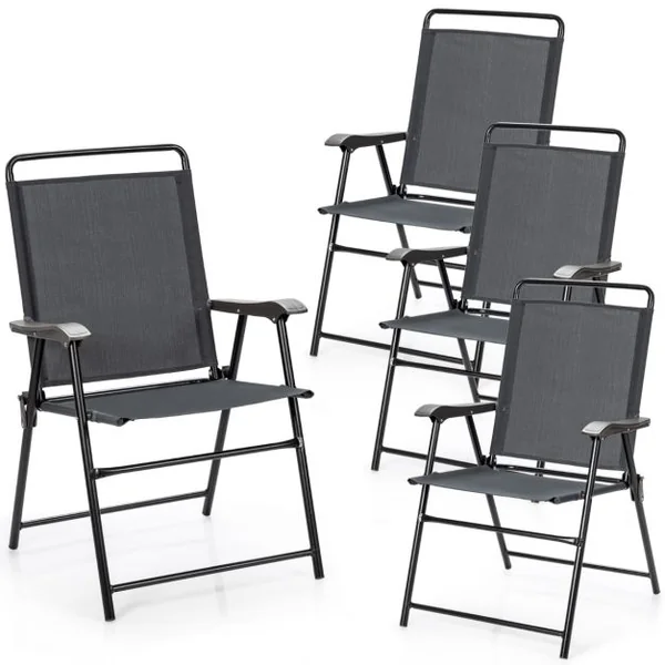 Lot de 4 Chaises Fauteuils de Jardin Pliantes en Textilène Accoudoirs Patins Antidérapants Charge 150KG Gris